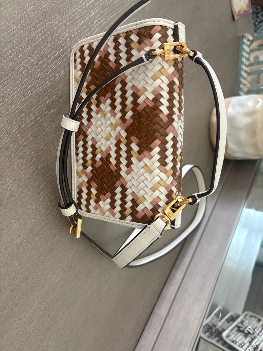 Tory Burch Woven White, Brown & Pink Mini Top-Handle Bag - Picture 4 of 8